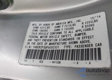 2015 Honda Accord Sport z USA, uszkodzony, nr VIN 1HGCR2F58FA092531